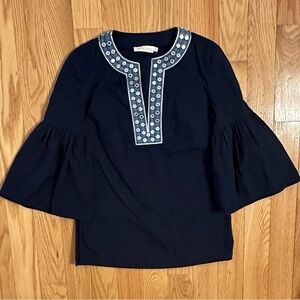 Tory Burch Womens Shirt Blue Sz 2 Bell Sleeve Ariana Tunic Embellished Boho Top